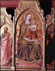 ジェラルド・コサッシ・デッリ・アッシの祭壇画、「跪く聖母子」を描いた中央パネルの細部（油彩・パネル 作： also Manfredi de Battilori Bartolo di Fredi