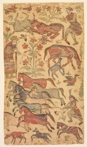 ルスタムがラクシュを捕まえているマーブル模様の絵 作： attributed to Shafi