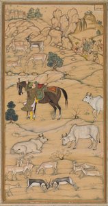 馬に乗るアクバル。 チェスター・ビーティー・アクバル・ナーマ（アクバルの歴史）のページ 作： attributed to Sur Das Gujarati