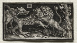 2匹の獣と戦うライオン 作： attributed to Tobias Stimmer