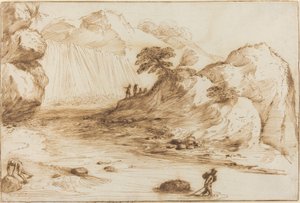 滝のある風景 作： called Guercino Giovanni Francesco Barbieri
