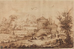 要塞と川のある風景 作： called Guercino after Giovanni Francesco Barbieri