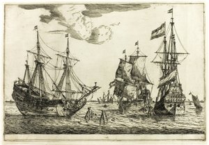 係留された3隻の帆船、13の海軍風景より 作： called Zeeman Reinier Nooms