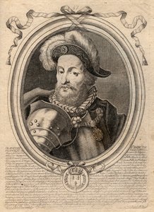 フランス王フランソワ1世（1494 - 1547）の肖像 - フランソワ1世、フランス王 - パリの「ファラモンからルイ14世までのフランスの各王の8月の表現」からのエングレーヴィング 作： de Larmessin