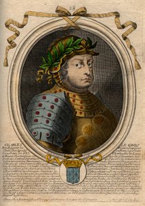 カロリング王朝。シャルル3世ル・グロ（839-888）の肖像 フランク王国の王-太ったシャルル3世-パリの「Les Augustes Representations de tous les Kings de France from Pharamond to LouisXIV」からのエングレーヴィング 作： de Larmessin