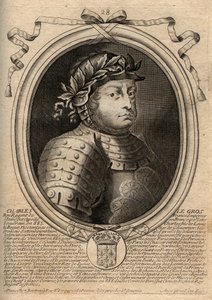 カロリング王朝。シャルル3世ル・グロ（839-888）の肖像 フランク王国の王-太ったシャルル3世-パリの「Les Augustes Representations de tous les Kings de France from Pharamond to LouisXIV」からのエングレーヴィング 作： de Larmessin