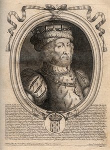 フランク王国の王カリベール（561-567）の肖像 - カリベールまたはシャリベール（d.567）フランク王国の王 - パリの「ファラモンからルイ14世までのフランスの各王の8月の肖像」からのエングレービング 作： de Larmessin