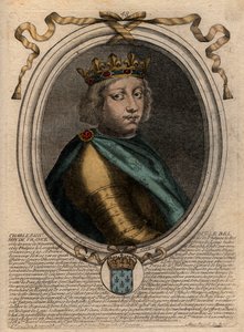 フランス王シャルル4世（1294-1328）の肖像 - シャルル4世「公正」（1294-1328）フランス王 - パリの「Les Augustes Representations de tous les Kings de France from Pharamond to LouisXIV」からのエングレーヴィング 作： de Larmessin