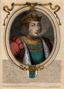 賢者シャルル5世（1338年～1380年）の肖像 - 賢者シャルル5世、ヴァロワ家出身のフランス王 - パリの「ファラモンからルイ14世までのフランス王たちの8月の肖像」からのエングレーヴィング 作： de Larmessin