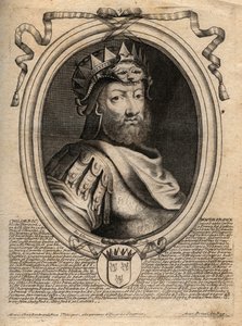 サリア・フランク王チルデリック1世（436-481）の肖像 - CHILDERIC I King of Salian Franks - パリの「Les Augustes Representations de tous les Kings de France from Pharamond to LouisXIV」からのエングレービング 作： de Larmessin