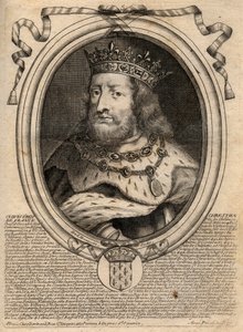 フランク王国の王クローヴィス1世（466〜511年）の肖像 - フランク王国の王クローヴィス1世（466〜511年）の肖像 - パリの「ファラモンからルイ14世までのフランスの各王の8月の肖像」からのエングレービング 作： de Larmessin