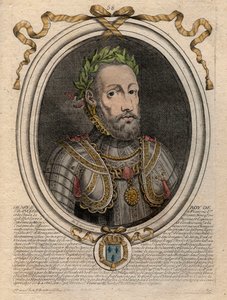 アンリ2世（1519-1559）フランス王の肖像 - アンリ2世（1519-59）フランス王 - パリの「ファラモンからルイ14世までのフランスの各王の8月の肖像」からのエングレービング 作： de Larmessin