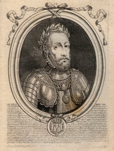 アンリ2世（1519年～1559年）フランス王の肖像 - アンリ2世（1519年～59年）フランス王 - パリの「ファラモンからルイ14世までのすべてのフランス王のアウグスト表象」からのエングレーヴィング 作： de Larmessin