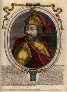 フランク王ロトヘール（941-986）の肖像 - フランス王ロトヘール（941-986） - パリの「Les Augustes Representations de tous les Kings de France from Pharamond to LouisXIV」のエングレーヴィング。 作： de Larmessin