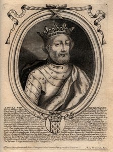 フランス王ルイ8世（1187年～1226年）の肖像 - フランス王ルイ8世（1187年～1226年） - パリの「ファラモンからルイ14世までのすべてのフランス王のアウグスト表象」からのエングレーヴィング 作： de Larmessin