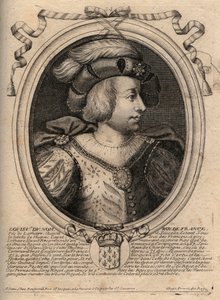フランス王ルイ5世（967 - 987）の肖像 - ルイ5世（967 - 987）の彫刻、パリの「Les Augustes Representations de tous les Kings de France from Pharamond to LouisXIV」より 作： de Larmessin