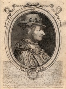 フランス王ルイ11世（1423年～1483年）の肖像 - フランス王ルイ11世（1423年～1483年）の肖像 - パリの「ファラモンからルイ14世までのフランスの各王の8月の肖像」からのエングレービング 作： de Larmessin