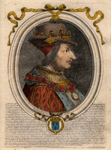 フランス王ルイ11世（1423年～1483年）の肖像 - フランス王ルイ11世（1423年～1483年）の肖像 - パリの「ファラモンからルイ14世までのフランスの各王の八面六臂の活躍」からのエングレーヴィング 作： de Larmessin