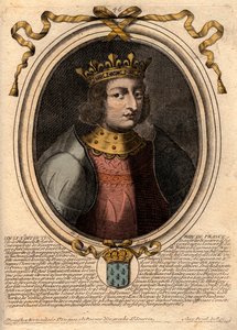 フランス王ルイ10世（1289年～1316年）の肖像 - フランスとナバラの王、頑固者ルイ10世（1289年～1316年） - パリの「ファラモンからルイ14世までのフランスの各王のアウグスト表象」からのエングレーヴィング 作： de Larmessin