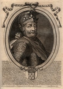 フィリップ・アウグスト2世(1165-1223)の肖像 - フィリップ・アウグスト2世(1165-1223)のフランス王 - パリの「ファラモンからルイ14世までのフランスの各王の8月の肖像」からのエングレービング 作： de Larmessin