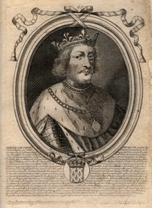 フランス王フィリップ6世（1294 - 1350）の肖像 - ヴァロワ家のフィリップ6世（1293 - 1350）フランス王 - パリの「ファラモンからルイ14世までのフランスの各王の8月の表現」からの刻印 作： de Larmessin