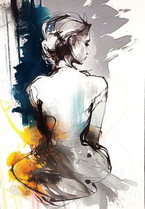 座る女性の絵、シルエットの静寂、キャンバスアートプリント 作： F. Abderrahim
