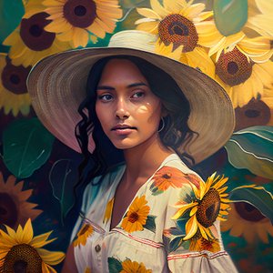 抽象的で美しいメキシコの女の子の肖像画とひまわりの背景、印刷可能なキャンバスアート