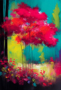 ピンクの草花の抽象画, 壁掛けアート｜キャンバスプリント