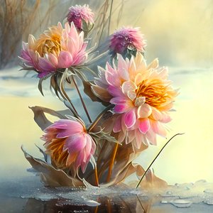 抽象的なピンクと黄色のダリアの花が氷のような風で曲がっている, アートプリント