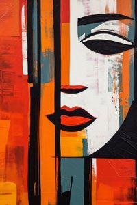 抽象的な女性の顔、キャンバスに描かれた直線、印刷可能なデジタルアート