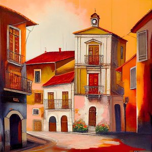 暖色系で描かれた古い村の美しいヴィンテージ絵画、キャンバスプリント 作： F. Abderrahim