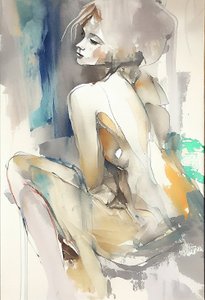 座っている美しい女性, 水彩画, 壁掛け アートプリント オンデマンド