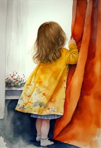 隠れる少女, 水彩画, 壁掛けアート｜キャンバスプリント