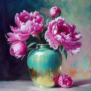 ピンクの花の絵, 抽象的な植物画, 壁掛けアート｜キャンバスプリント