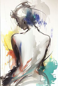 背中を向けて座っている女性を描いた水彩画。 作： F. Abderrahim