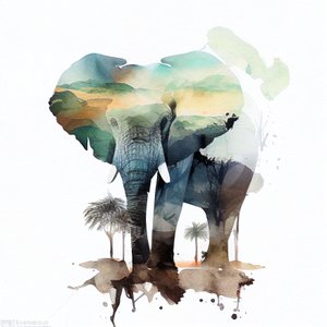 水彩象とアフリカのサバンナの絵画、壁 アートプリント