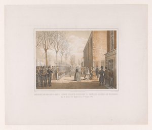 Koninklijke Leidsche Studenten Vereeniging へのバナーの贈呈 1867 年 2 月 8 日、教授の娘たちによる武器取引の自発的な運動のためのライデン学生協会へのバナーの提示 (オブジェクトのタイトル) 作： jonkheer Victor Eugène Louis de Stuers