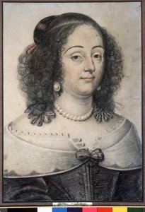 ""Portrait Of A Woman"" これはおそらくイングランド女王 Henriette Marie (1609-1669) です。 Daniel Dumoustier (または Dumonstier) (1574-1646) によるチョーク画 1640 プーシキン美術館、モスクワ 作： or Dumoustier Daniel Dumonstier