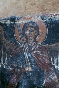 剣を持つ天使（ギリシャ・クレタ島コミタデス、ビザンチン様式の聖ゲオルギオス教会のフレスコ画）（写真