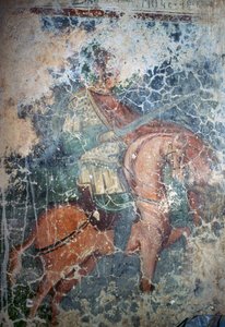 剣を持った馬上の男（ギリシャ・クレタ島ケファリ、アギオス・アタナシオスのビザンチン様式教会のフレスコ画）（写真