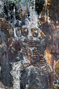 アギオス・ヴァシレイオス教会（ギリシャ・クレタ島）の天井に描かれたフレスコ画の破損した兵士（写真 作： Theodore Charles Ange Coquelin