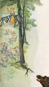 オオカミに脅かされながら、田舎で羊を飼うベルジェ（羊とベリエ） - ジョブ（ジャック・マリー・ガストン・オンフロワ・ド・ブレヴィル）（1858-19131）がG.モントルグイユの本『La Cantiniere』のために描いたイラスト（1900年頃