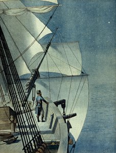 エジプト遠征（1798年〜1801年）：アレキサンドリアからフレガート船「ラ・ミューロン号」でエジプトに戻る、ナポレオン1世ボナパルト（1769年〜1821年）が一人で船橋で夜の地中海を眺める 作： pseudonym for Onfray de Breville Jacques Job