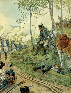 イタリアのキャンペーン（1799-1800年）。1800年6月14日、ピエモン（イタリア）で行われたマレンゴの戦いで、ナポレオン1世ボナパルト（1769-1821）がナポレオン軍とオーストリア軍に対抗している様子。Jacques Marie Gaston Onfray de Breville dit JOB (1858-1931)によるイラスト。プライベートC 作： pseudonym for Onfray de Breville Jacques Job