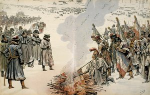 ロシアのキャンペーン（1812年）。ロシアの退却時、ナポレオン1世ボナパルト（1769-1821）は、敵に乗っ取られるのを防ぐために、旗や鷹を燃やすように命じた。ジョルジュ・モントルゲイユ著「ナポレオン」にて。ジャック・マリー・ガストン・オンフレーによるイラスト 作： pseudonym for Onfray de Breville Jacques Job