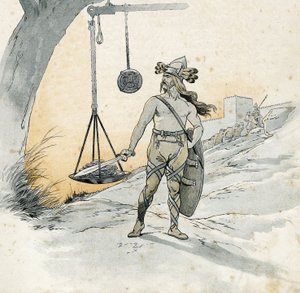 ローマの占領（紀元前390年のローマのランコン）。Histoire de Brennus (Brennos), the Gallic warlord who pronounced the terrible word Vae Victis (misfortune to the defeated). 1896年の "France, his story told by G. Montorgueil, imageed by Job "に収録されている。個人蔵。 作： pseudonym for Onfray de Breville Jacques Job