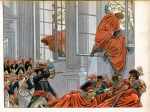 領事館。ヨアヒム・ムラット（1767-1815）は、執行委員会を廃止して誕生した18の霧のクーデター（1799年9月11日）の際に、上院議員を追い出すために、50人の部下を連れて5セント（5人の部屋）に入る。 作： pseudonym for Onfray de Breville Jacques Job