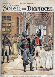 一人一人が自分の花を。1816年、パリの屋根付きギャラリーで、売り子の女性から花を買う兵士。ジョブ氏の水彩画より。1899年1月1日付の「Le sun-du-dimanche」に掲載された版画。 作： pseudonym for Onfray de Breville Jacques Job
