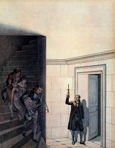 皇帝ナポレオン1世ボナパルト（1769-1821）と、1809年に離婚を発表した後の侍従長。皇帝ジョゼフィーヌ（1763-1814）は寝室で姿を消していた。ジョルジュ・モントルゲイユの「ナポレオン」にて。イラスト：ジャック・マリー・ガストン・オンフレー