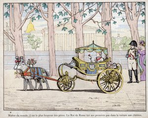 皇帝ナポレオン1世ボナパルト（1769-1821）と息子のナポレオン・フランソワ・シャルル・ジョセフ・ボナパルト王子（後にローマ王となる） ナポレオン2世（後にエグロンと呼ばれる） - イタリア王（ナポレオン2世）の最初の一歩を見守るナポレオン。 作： pseudonym for Onfray de Breville Jacques Job